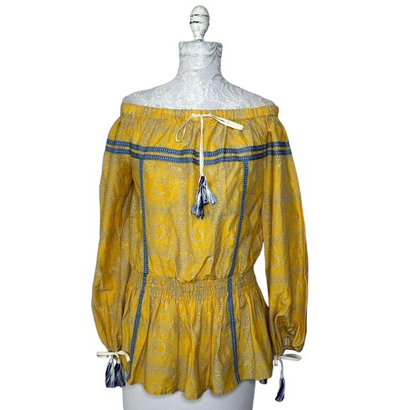 LemLem Makena Off Shoulder Long Sleeve Blouse Yellow Blue Trim Women Small NWOT - Picture 1 of 9